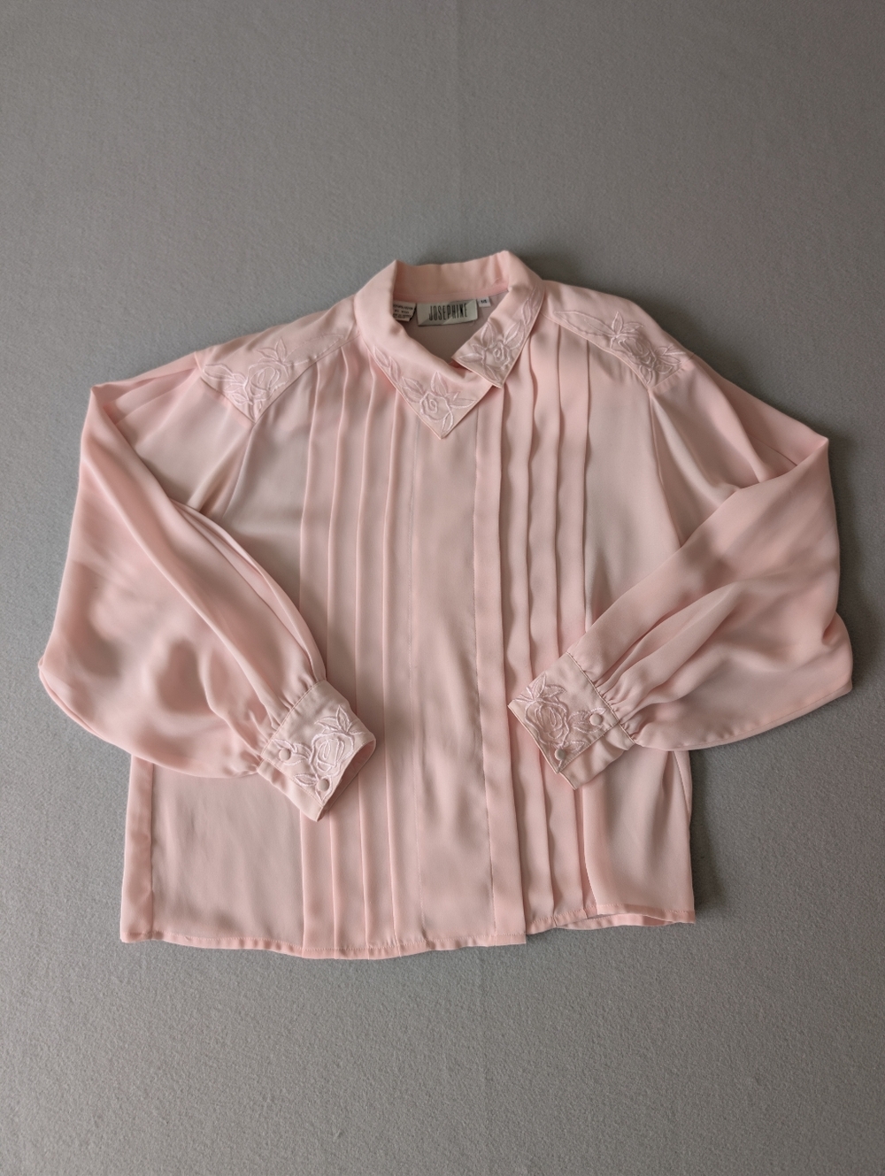 Vintage 80s Blush Pink Chiffon Pleated Floral Embroidery Collar Blouse Sz 14 XL image 4